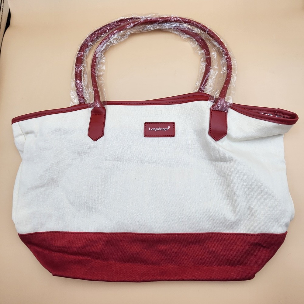 Longaberger Red White Blue Solid Stripe Tote Bag Leather Straps NEW Lightweight